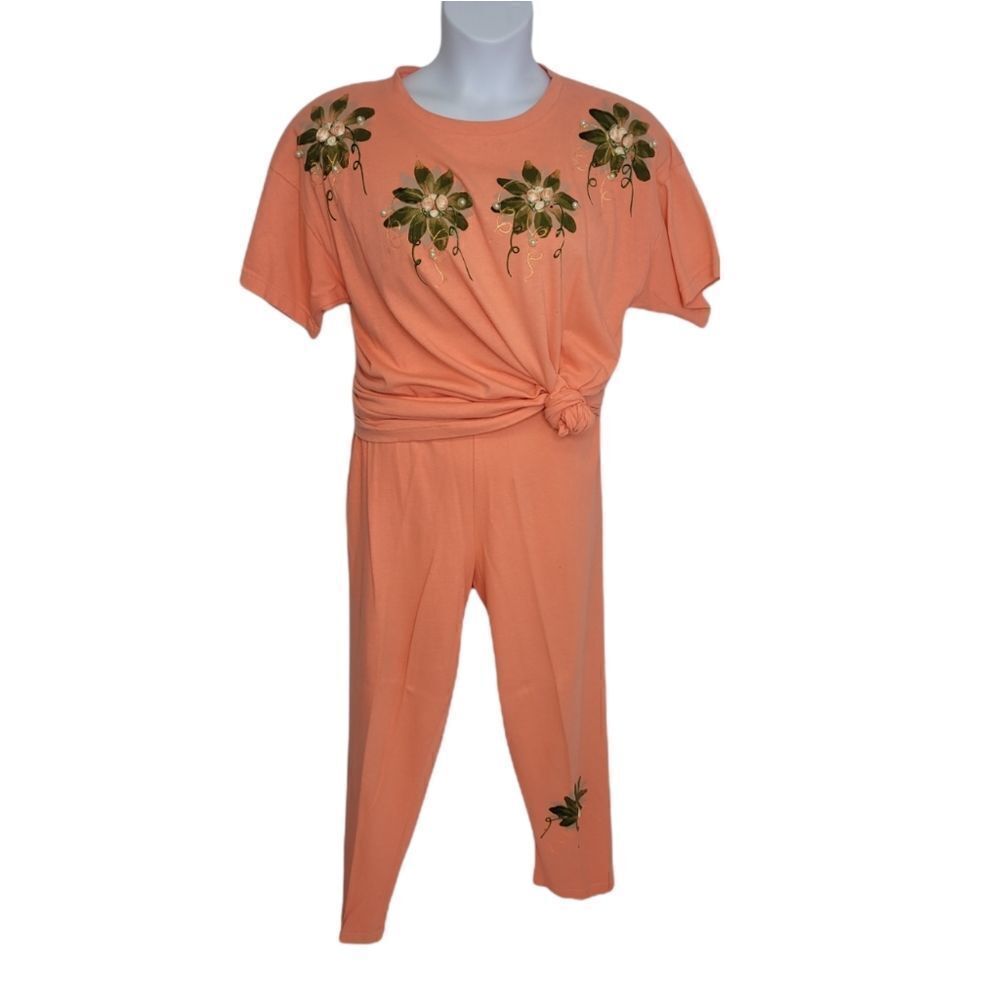 VINTAGE 90s set Cesucci hand painted‎ tee shirt and cotton pants floral M